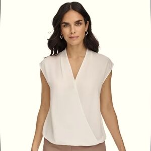 Calvin Klein Cream Cap Sleeve Faux Wrap Blouse